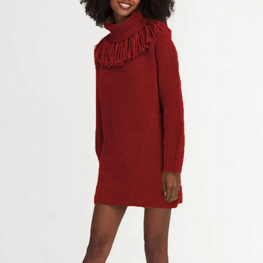 Damen Strickkleid mit hohem Rollkragen und modischen Fransen R&B