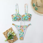 Damen-Bikini-Set mit Raffung und romantischem Blumendesign R&B
