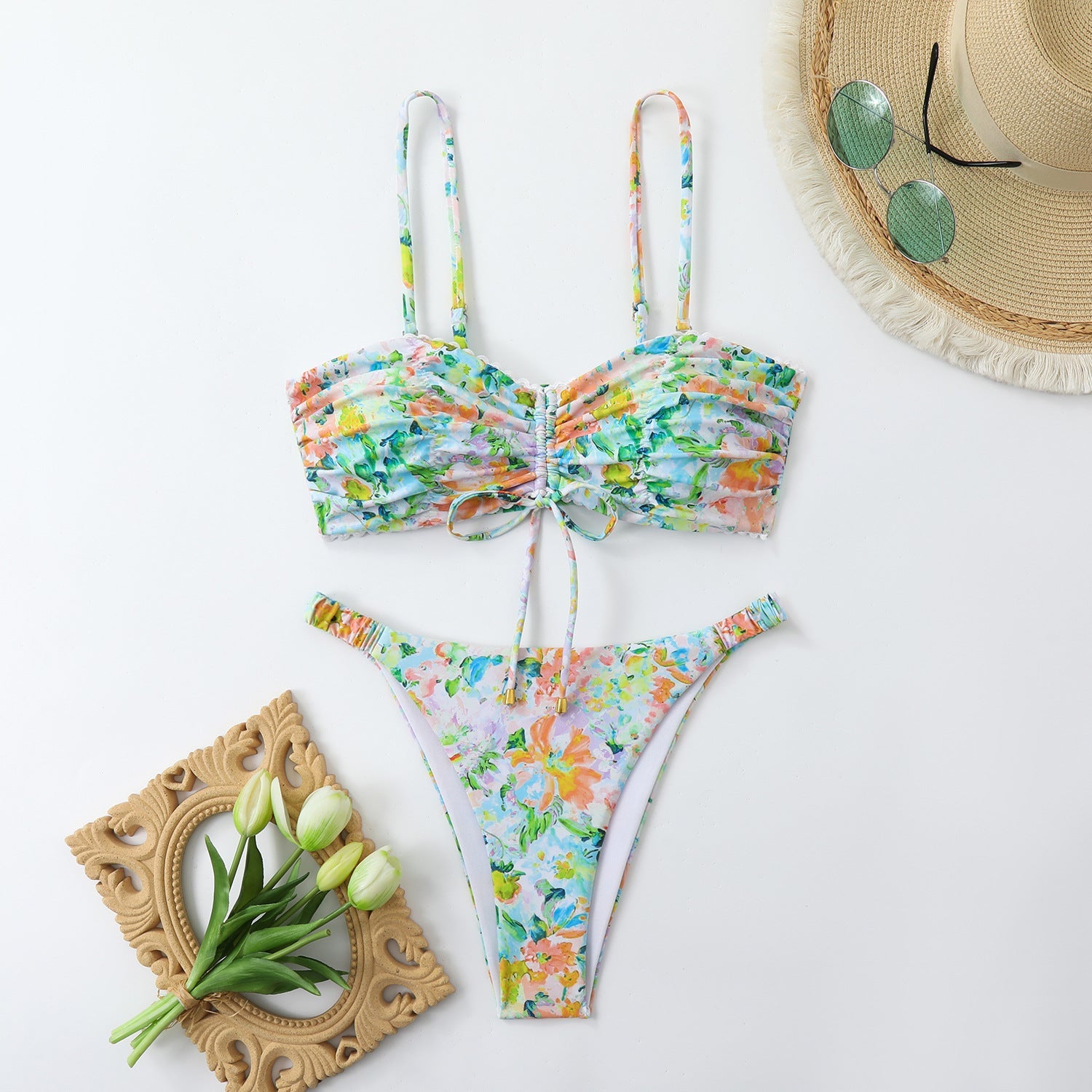 Damen-Bikini-Set mit Raffung und romantischem Blumendesign R&B