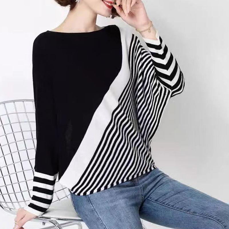 Damen modischer Strickpullover mit asymmetrischem Schnitt und grafischem Streifenmuster R&B