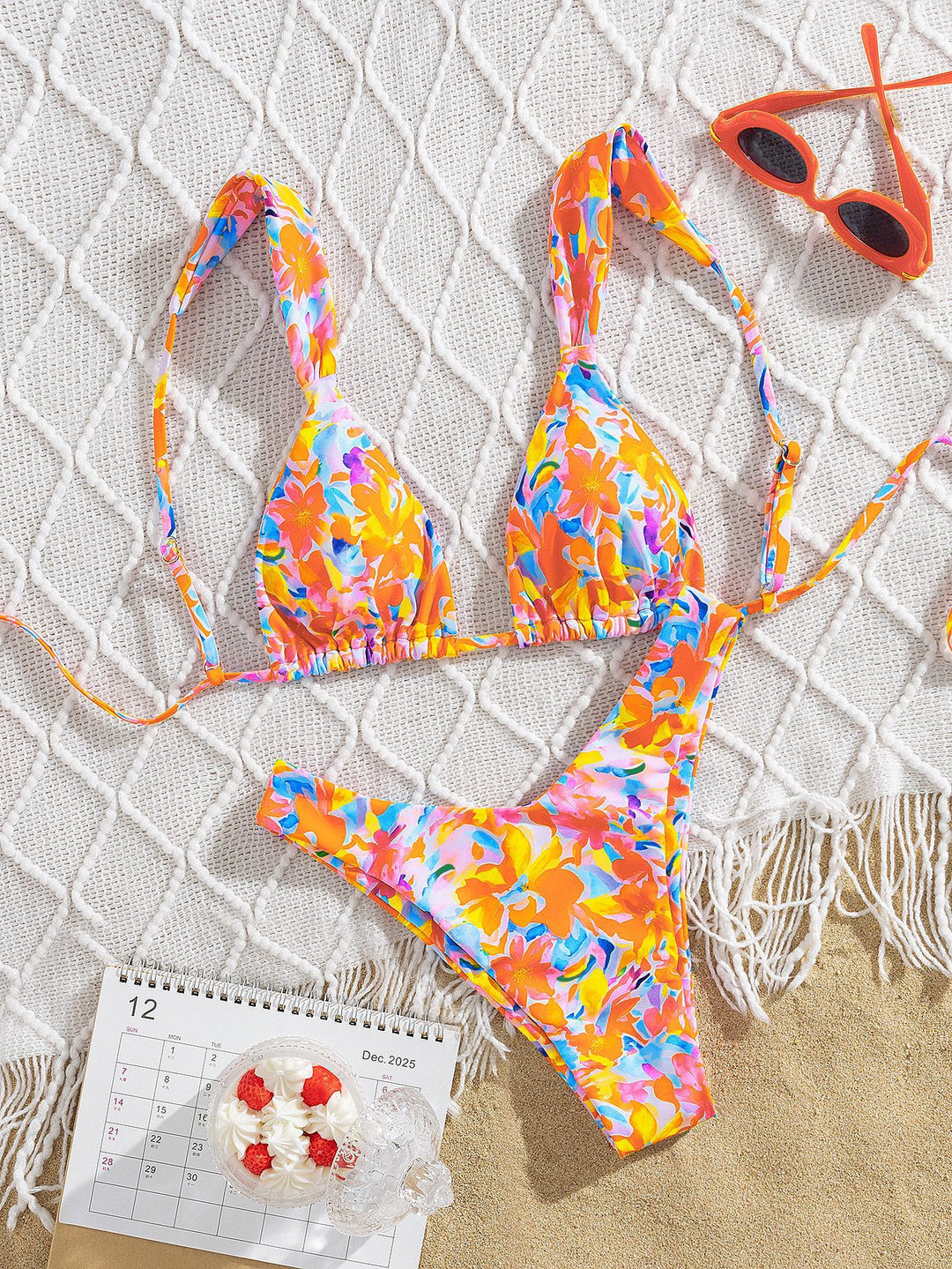 Damen Triangel-Bikini mit buntem Blumendesign und verstellbaren Trägern R&B