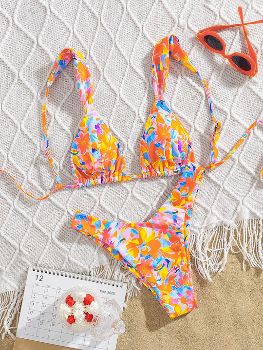 Damen Triangel-Bikini mit buntem Blumendesign und verstellbaren Trägern R&B
