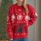 Damen gestrickter Weihnachtspullover mit festlichen Motiven und lässigem Schnitt R&B