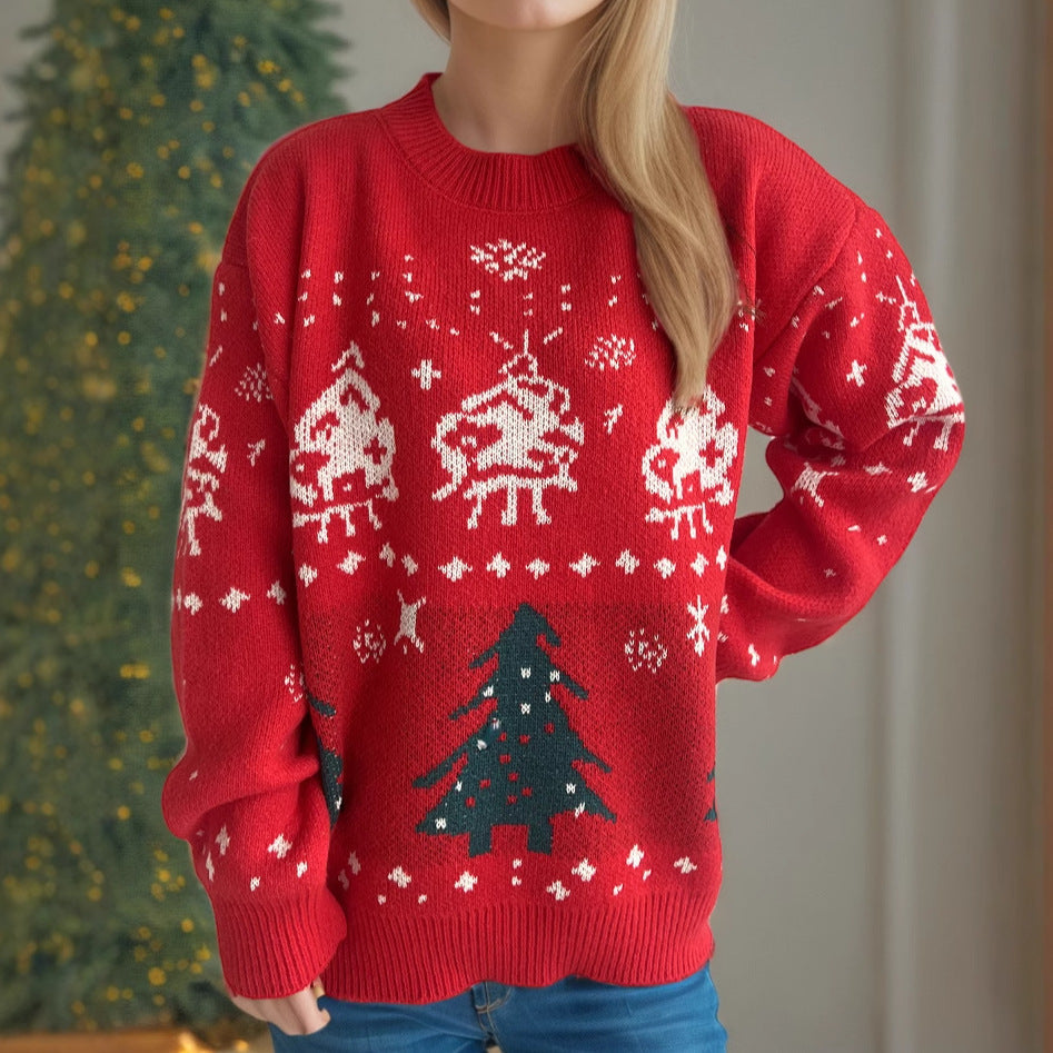 Damen gestrickter Weihnachtspullover mit festlichen Motiven und lässigem Schnitt R&B
