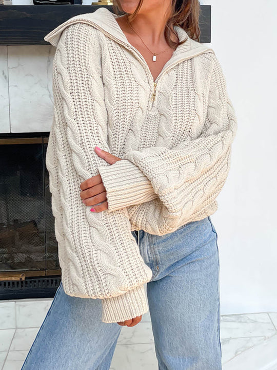 Damen lässiger Strickpullover mit weichem Zopfmuster und praktischer Kapuze R&B