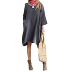 Damen lässiges Leinenkleid mit praktischen Taschen und asymmetrischem Saum R&B