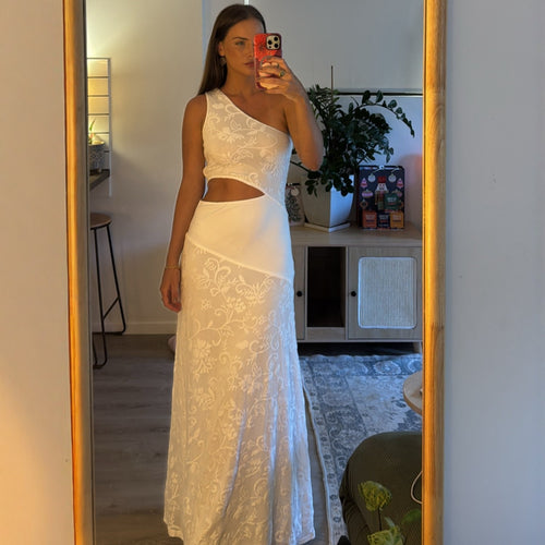 Damen Elegantes Maxikleid mit asymmetrischem Schnitt und floralem Spitzenbesatz R&B