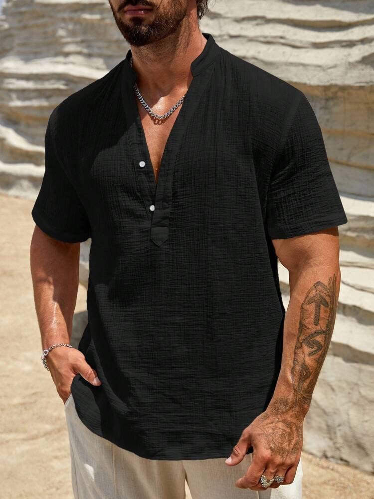 Herren Kurzarm Henley Hemd mit modernem Stehkragen aus leichtem Baumwollmaterial R&B