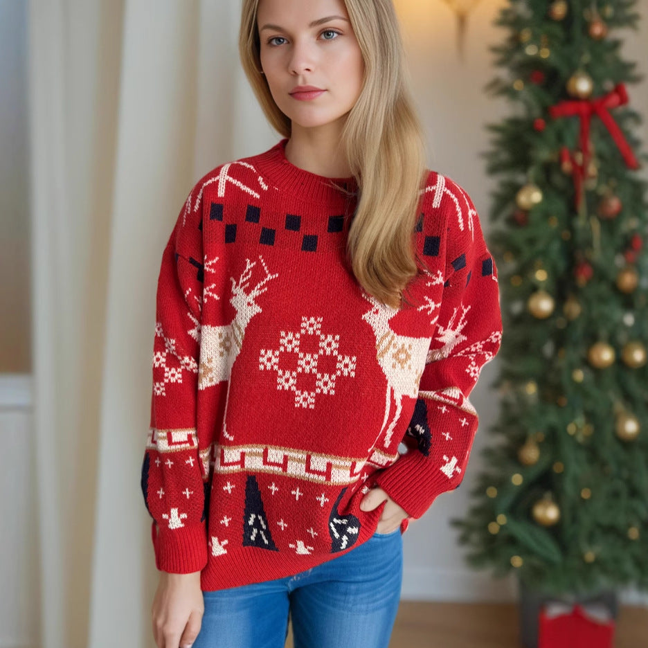 Damen gemusterter Weihnachtspullover mit festlichem Rentierdesign und Oversize-Schnitt R&B