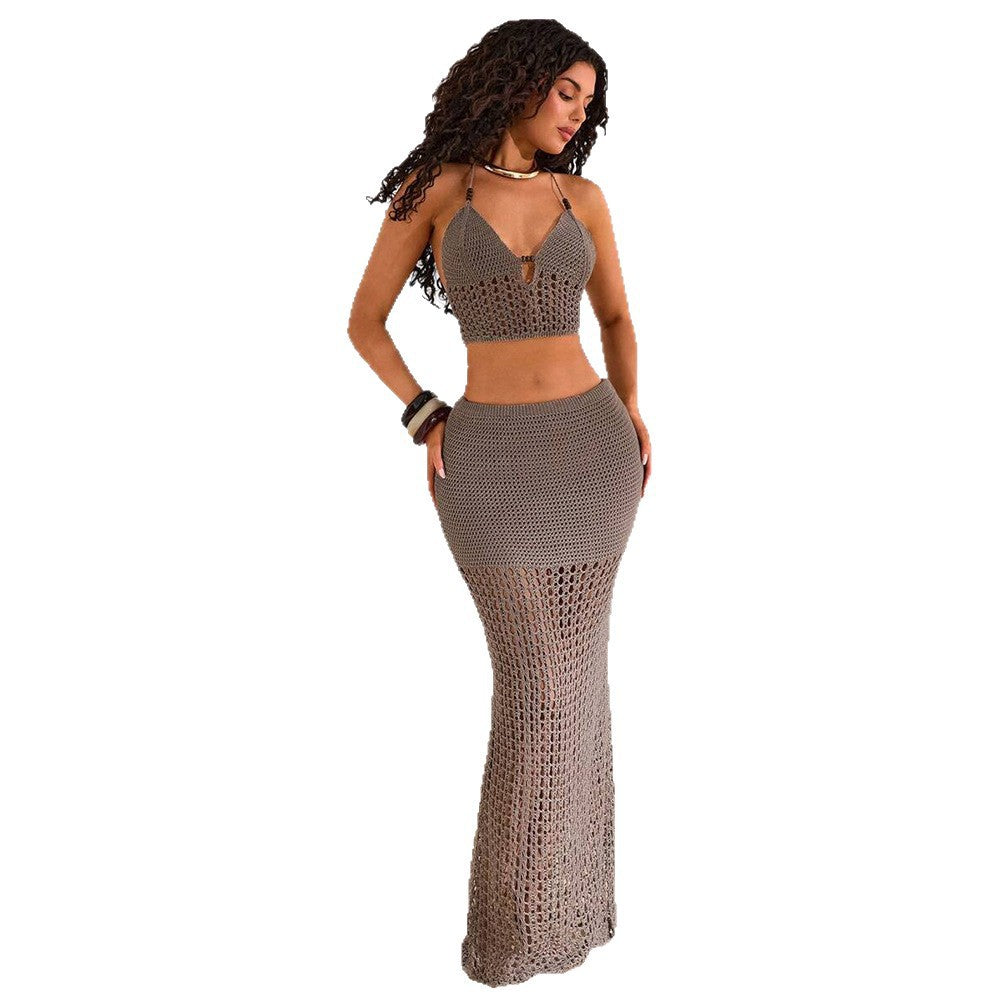 Damen gehäkeltes Strandset mit tiefem V-Ausschnitt und figurbetonter Silhouette R&B