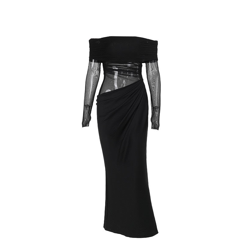 Damen Off-Shoulder Abendkleid mit drapiertem Stoff und transparenten Ärmeln R&B