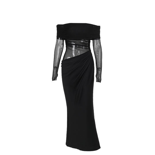 Damen Off-Shoulder Abendkleid mit drapiertem Stoff und transparenten Ärmeln R&B