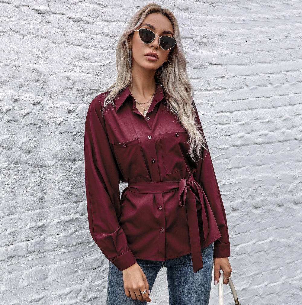 Damen Elegantes Hemdblusenshirt mit Taillengürtel und hochwertigem Satin Material R&B