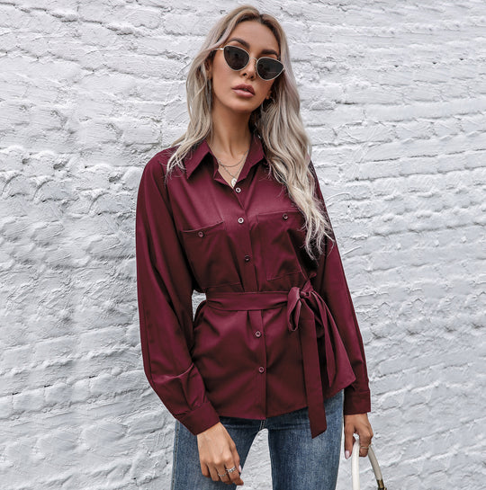 Damen Elegantes Hemdblusenshirt mit Taillengürtel und hochwertigem Satin Material R&B