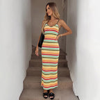 Damen Strick-Kleid im lässigen Streifenmuster mit schmalen Spaghetti-Trägern R&B