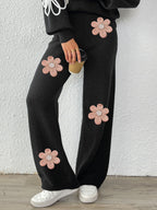 Damen lockere Strickhose mit floralen Applikationen R&B