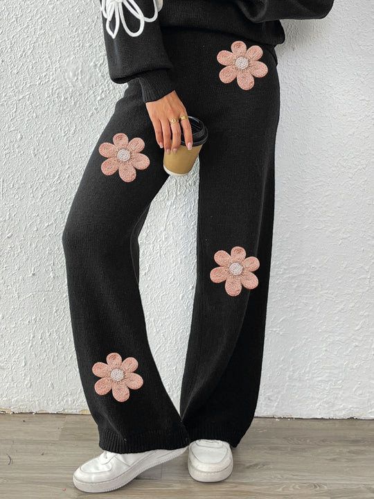Damen lockere Strickhose mit floralen Applikationen R&B