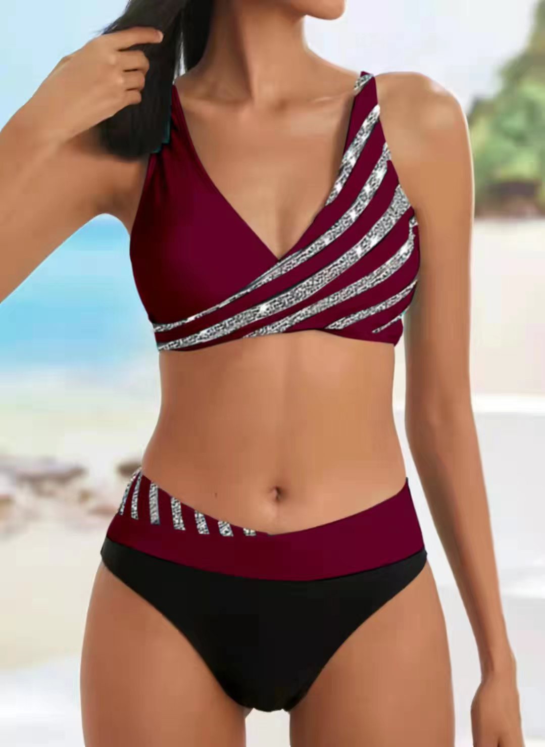 Damen Sportlicher Bikini mit modischem Wickeloberteil R&B