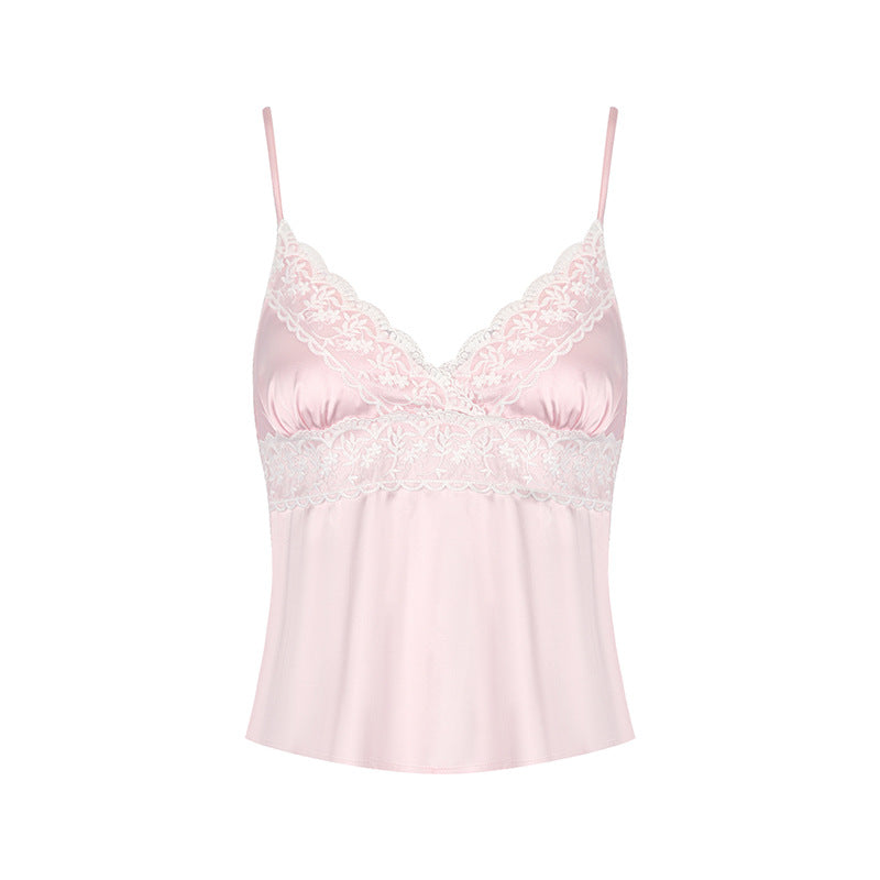 Damen Nackt-Satin Top mit zarten Spitzeinsatz und verstellbaren Trägern R&B