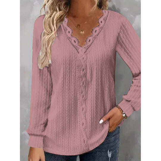 Damen Langarm Bluse mit eleganten Spitzenakzenten und strukturiertem Design R&B