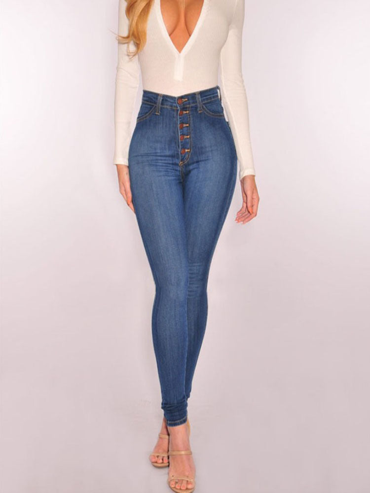Damen High-Waist Skinny-Jeans mit Knopfdesign und figurbetontem Schnitt