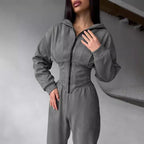 Damen Lässiger Utility-Jumpsuit mit hohem Kragen und Reißverschluss R&B