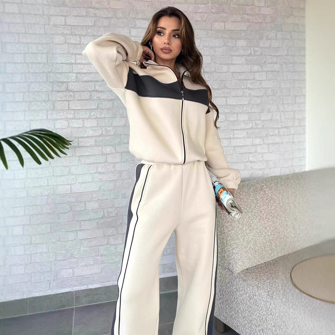 Damen sportliches Fleece-Loungewear-Set mit hohem Kragen undseitlichen Kontraststreifen R&B