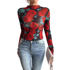 Damen nan figurbetontes Netz-Langarmshirt mit Rosenmotiv, Stehkragen und Wellensaum R&B