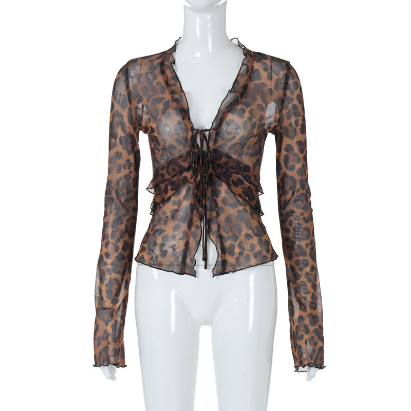 Damen leicht transparentes Oberteil mit Leopardenmuster R&B