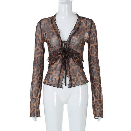 Damen leicht transparentes Oberteil mit Leopardenmuster R&B