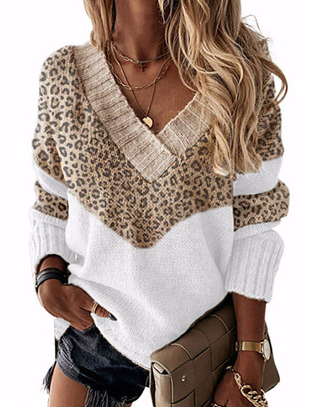 Damen V-Ausschnitt Pullover mit Leopardenmuster R&B