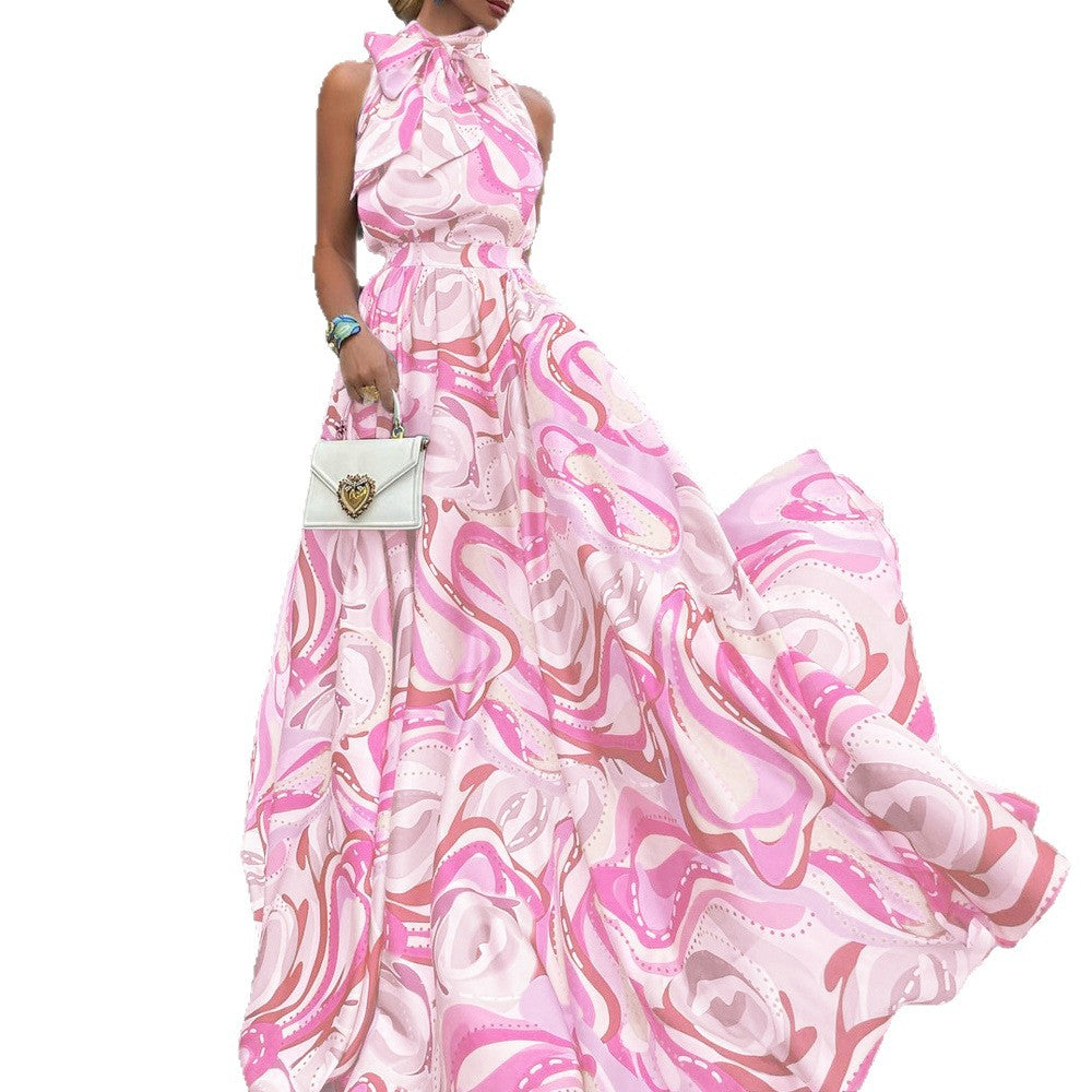 Damen Elegantes Maxikleid mit geknotetem Kragen und geschwungenem Muster R&B