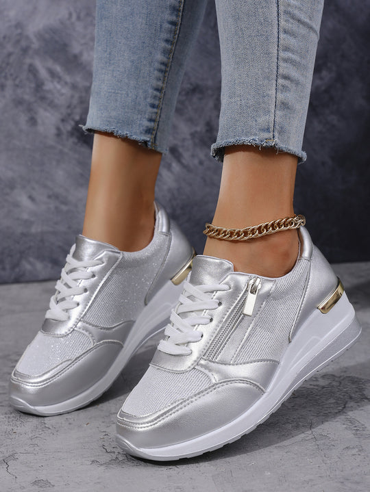 Damen modische Sneakers mit glänzendem Obermaterial und seitlichem Reißverschluss R&B