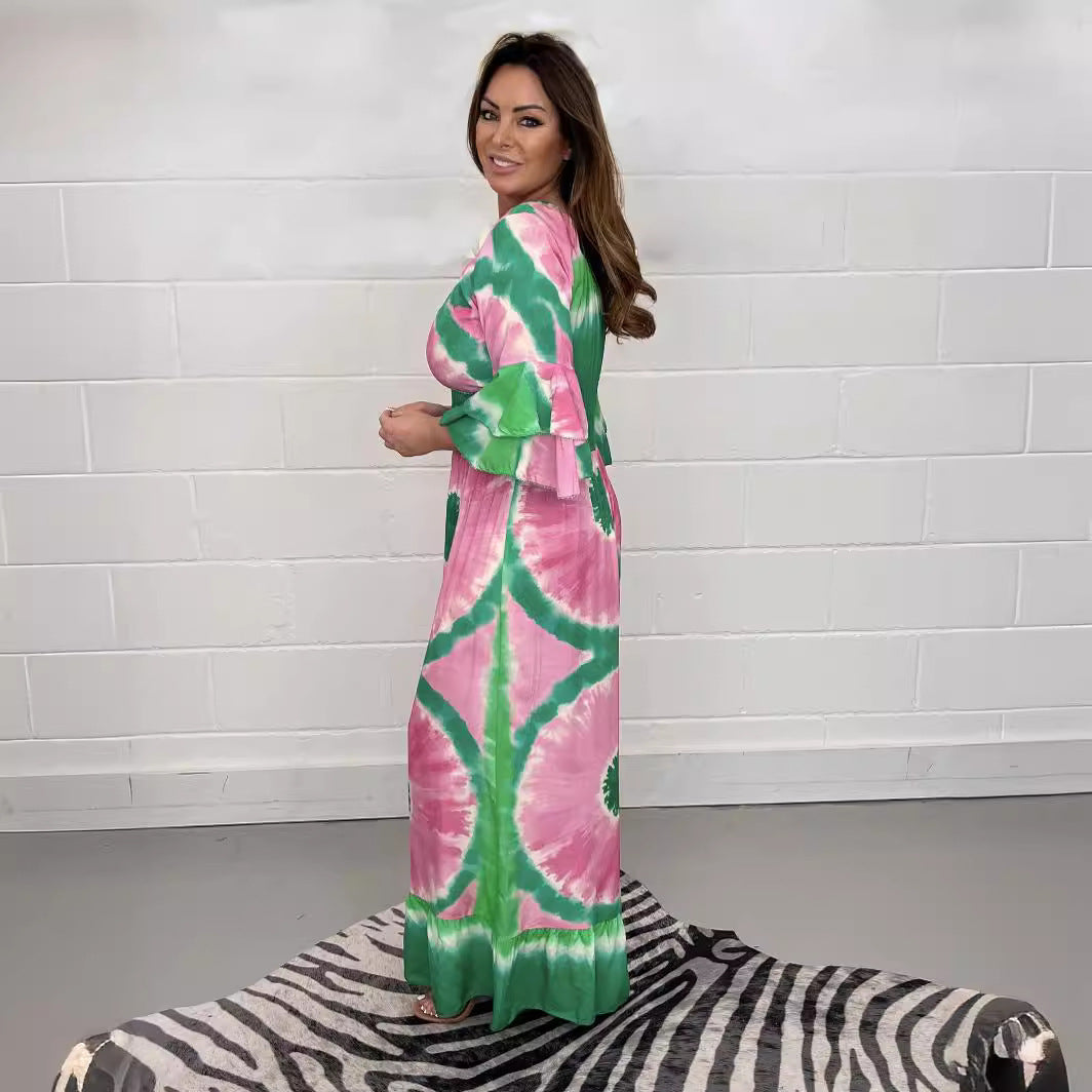 Damen Maxikleid mit asymmetrischen Ärmeln und einzigartigem Batik-Design R&B