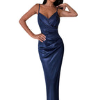 Damen elegantes Satin-Langkleid mit Wickeloptik und seitlichem Schlitz EB