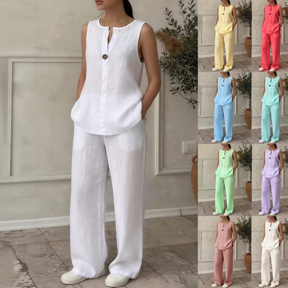 Damen Leinen Set mit elegantem Knopfdetail R&B