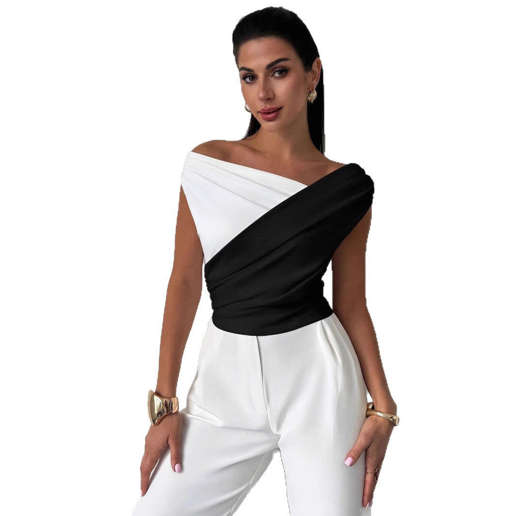 Damen nan elegantes asymmetrisches Drapiertop mit überkreuzter Vorderpartie und figurbetonter Taille R&B