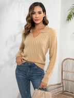 Damen Strickpullover mit V-Ausschnitt und Zopfmuster R&B