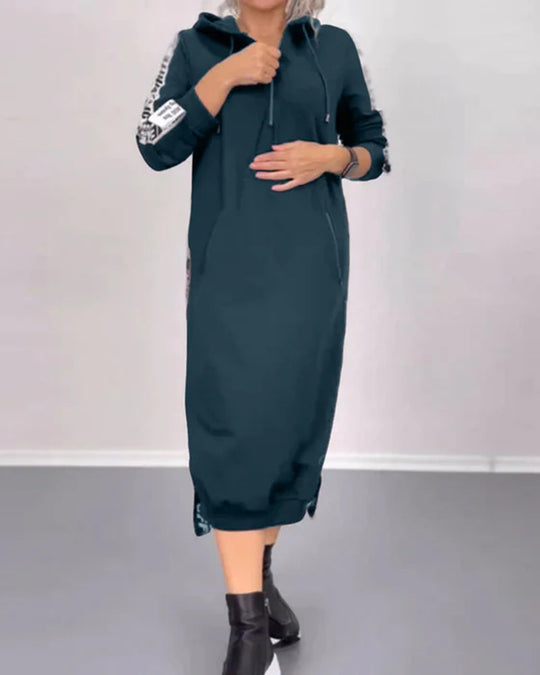 Damen nan knöchellanges Kapuzen-Sweatkleid mit Halbzip, Kängurutaschen und seitlicher Zierpaspel R&B