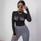 Damen nan figurbetontes transparentes Netz-Langarmshirt mit hohem Kragen und Strass-Skelettmotiv R&B