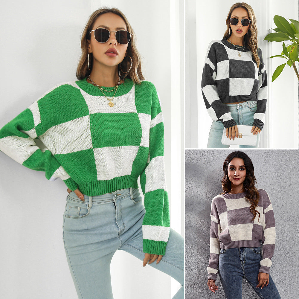 Damen Oversized Strickpullover mit modernen Karomuster und hohem Kragen R&B