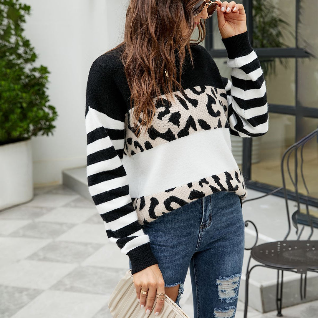 Damen modischer Pullover mit auffälligem Leopardenmuster und gestreiften Ärmeln R&B