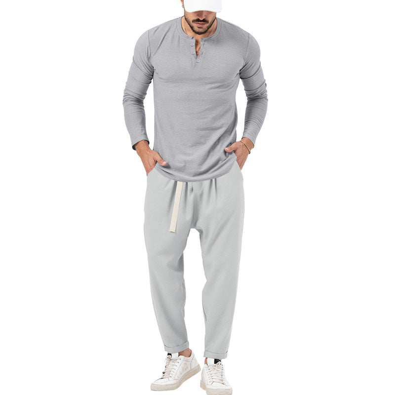 Herren lässiges Langarm-Henley-Shirt kombiniert mit eleganter Jogginghose R&B