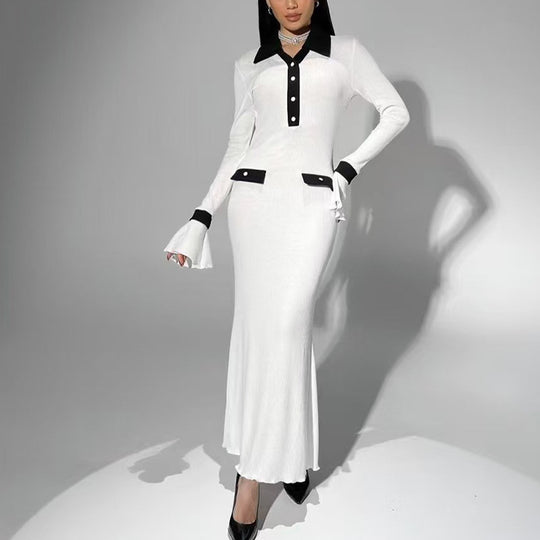Damen elegantes Maxikleid mit Kontrastkragen und schmeichelhaften Ärmelverzierungen R&B