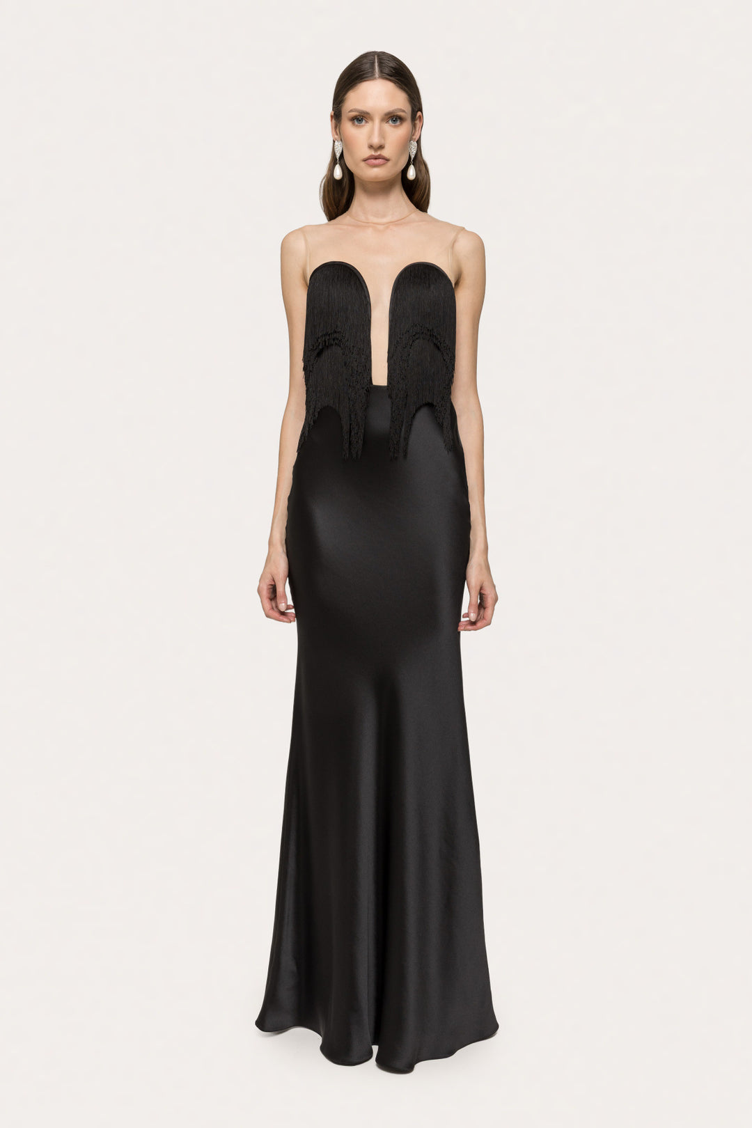 Damen Langärmliges Maxikleid mit tiefem V-Ausschnitt und fransierten Details R&B