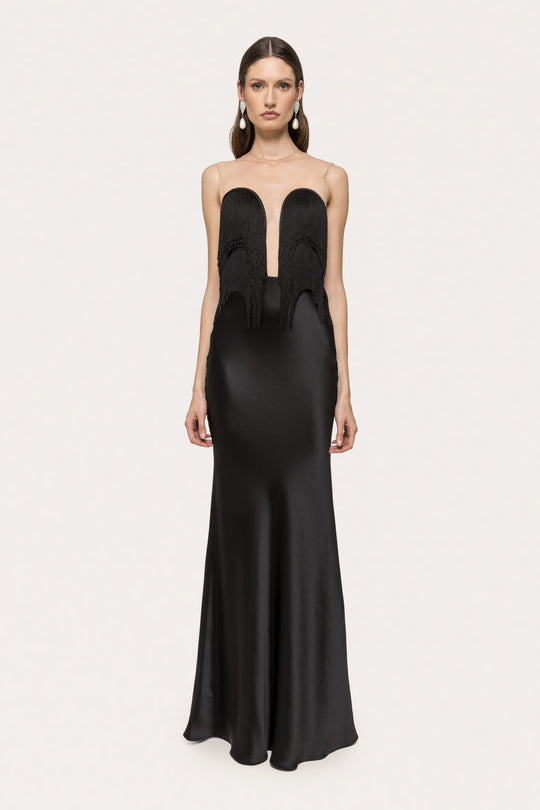 Damen Langärmliges Maxikleid mit tiefem V-Ausschnitt und fransierten Details R&B