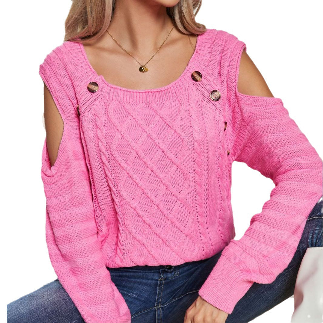 Damen Strickpullover mit offener Schulter und Knopfdetails R&B