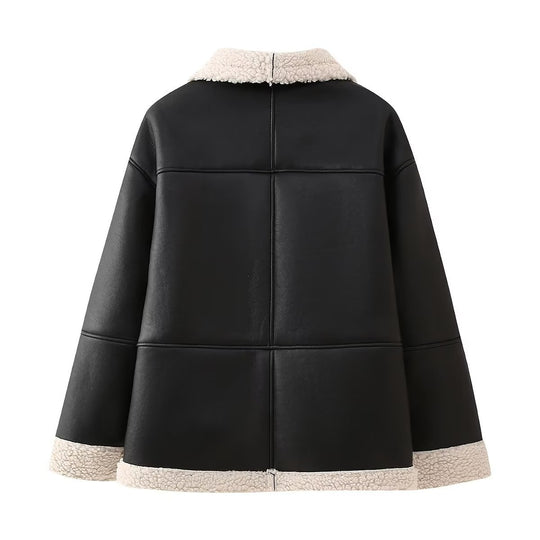 Damen Kunstlederjacke mit weichem Teddyfutter und praktischen Taschen R&B