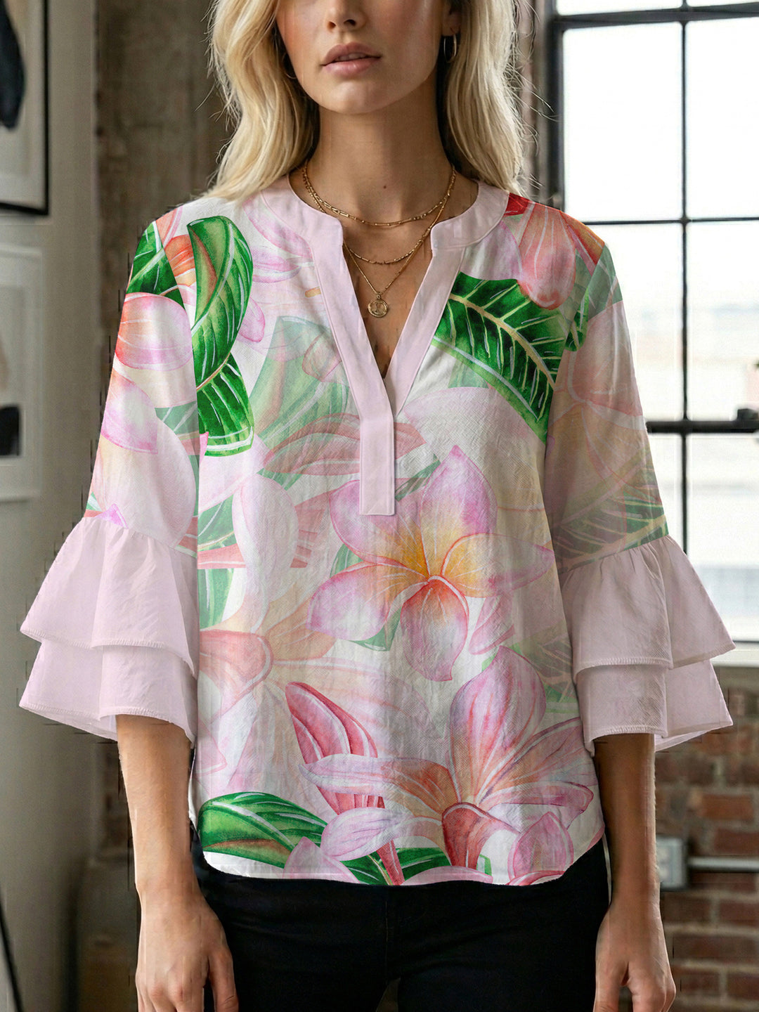 Damen Bluse mit voluminösen Rüschenärmeln und floralem Muster R&B