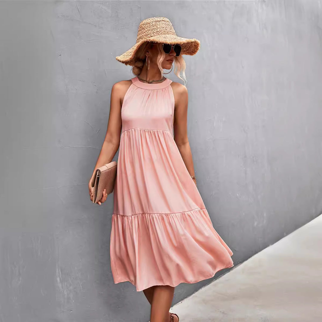 Damen luftiges Sommerkleid mit schwingendem Rock und hohem Hals R&B